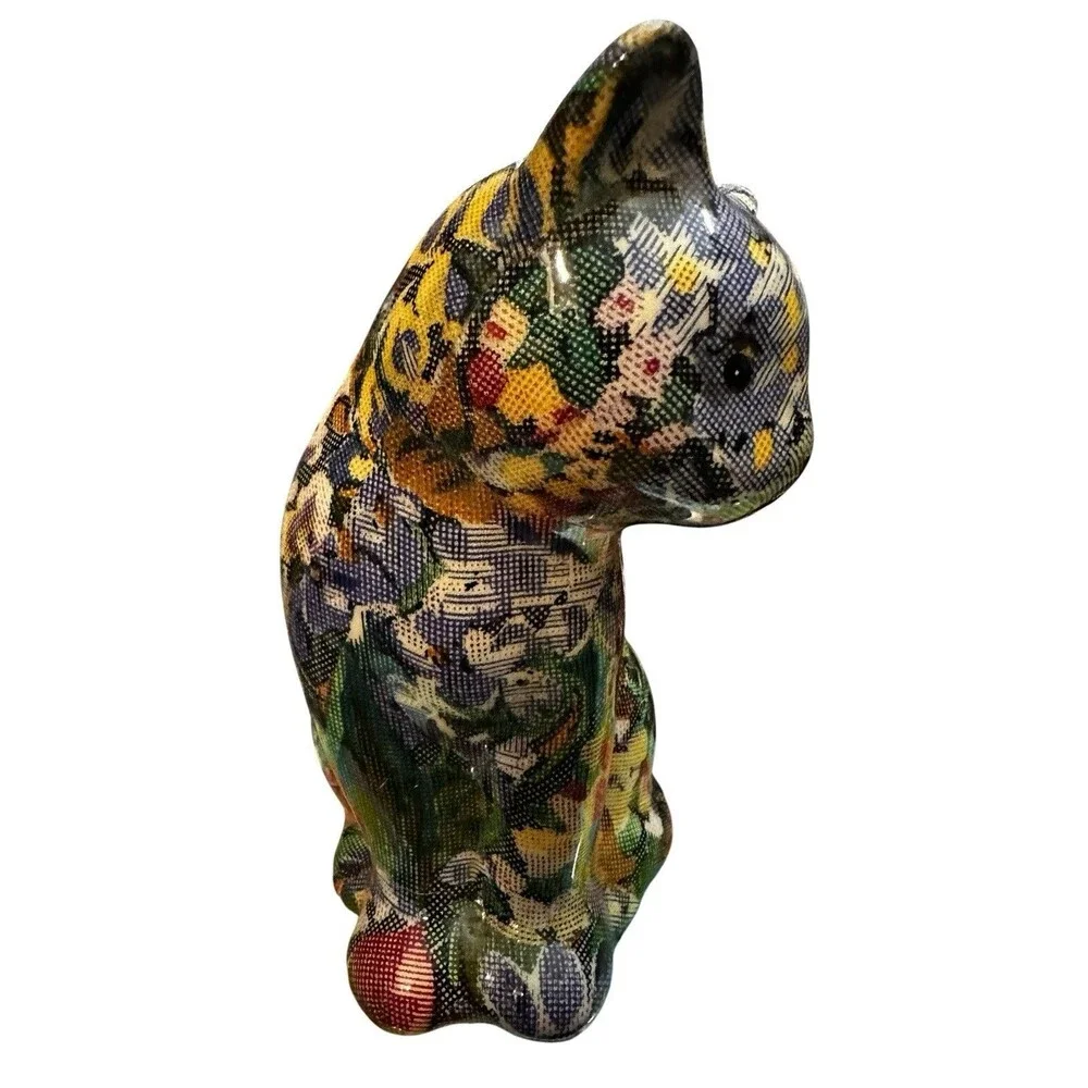 Vintage Decoupage Ceramic Cat Figurine Floral Patchwork Design 7”